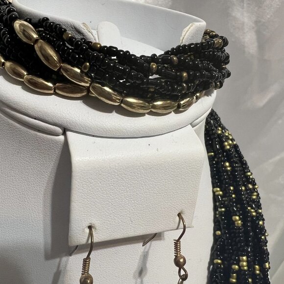 Vintage NENA Multi-strand Black & Gold Seed Bead Necklace, Bracelet & Earrings - Picture 2 of 8